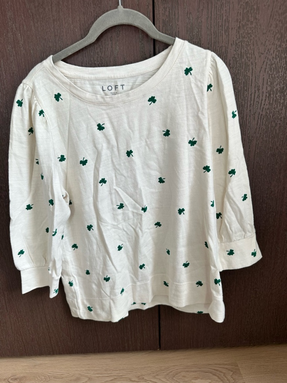 LOFT Cream Long-Sleeve Top with Green Clover Print